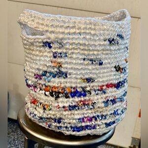 Handmade from repurposed plastic bags crocheted shopping basket laundry tote